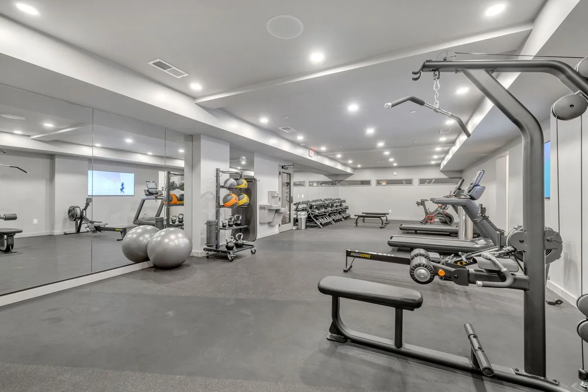 A well-equipped private gym featuring modern exercise machines, mirrors, and exercise balls. The area looks motivational and designed for both solo workouts and fitness classes, highlighting in-building amenities.