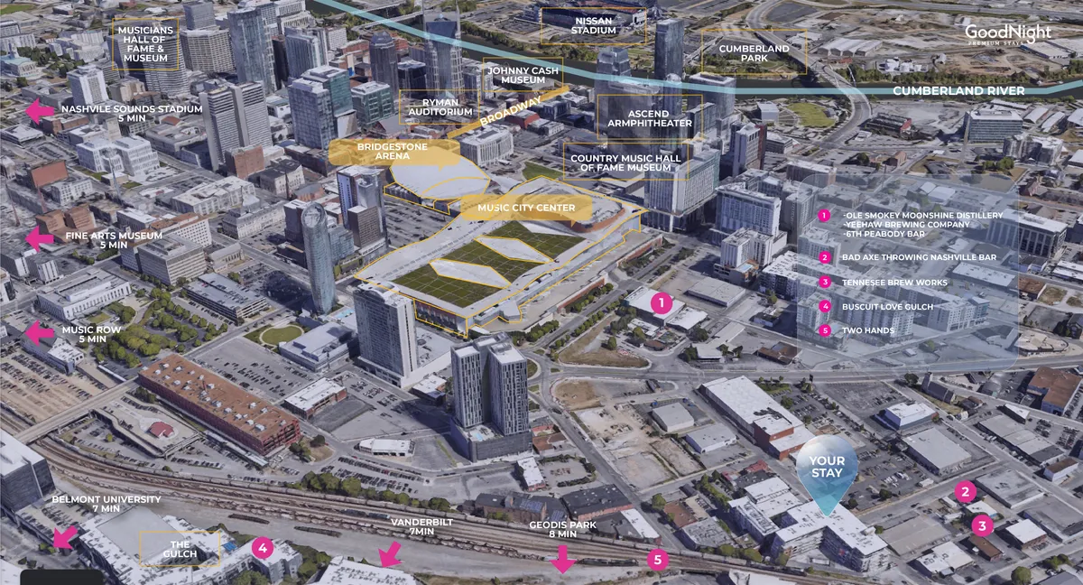 A sweeping view of downtown Nashville, showcasing major music landmarks such as Bridgestone Arena, the Music City Center, the Cumberland River, and Nissan Stadium. The cityscape highlights not only concert venues but also the broader context of cultural destinations accessible from the property.